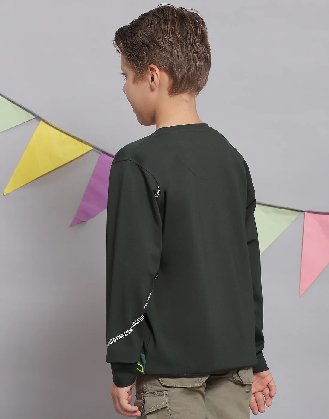 Boys Green Printed Round Neck Full Sleeve T-Shirts - Image 5