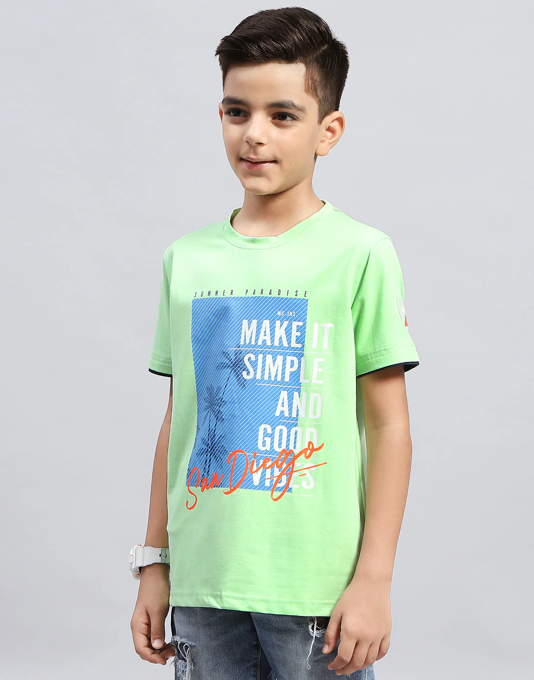 Boys Green Printed Round Neck Half Sleeve T-Shirt - Image 3