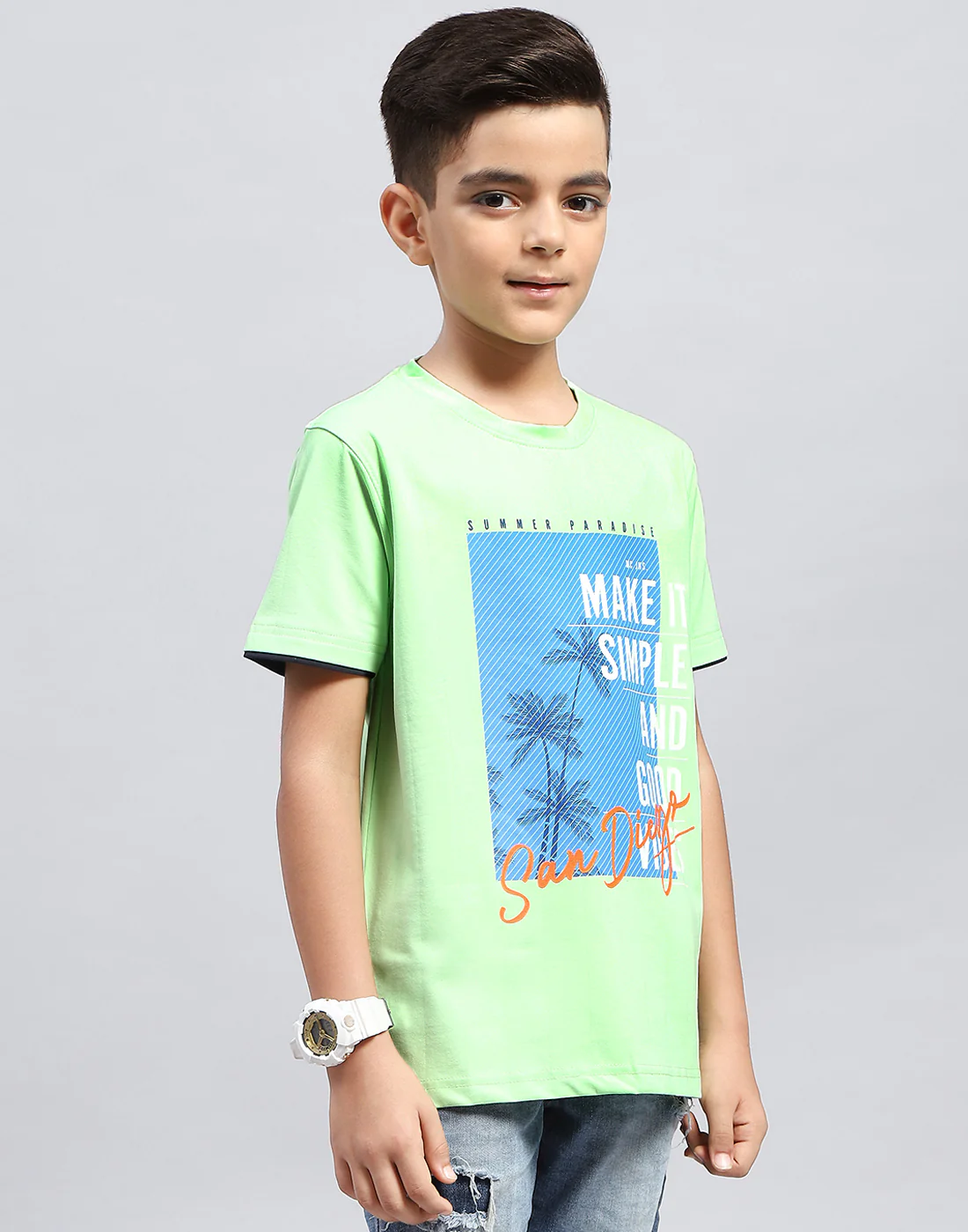 Boys Green Printed Round Neck Half Sleeve T-Shirt - Image 4