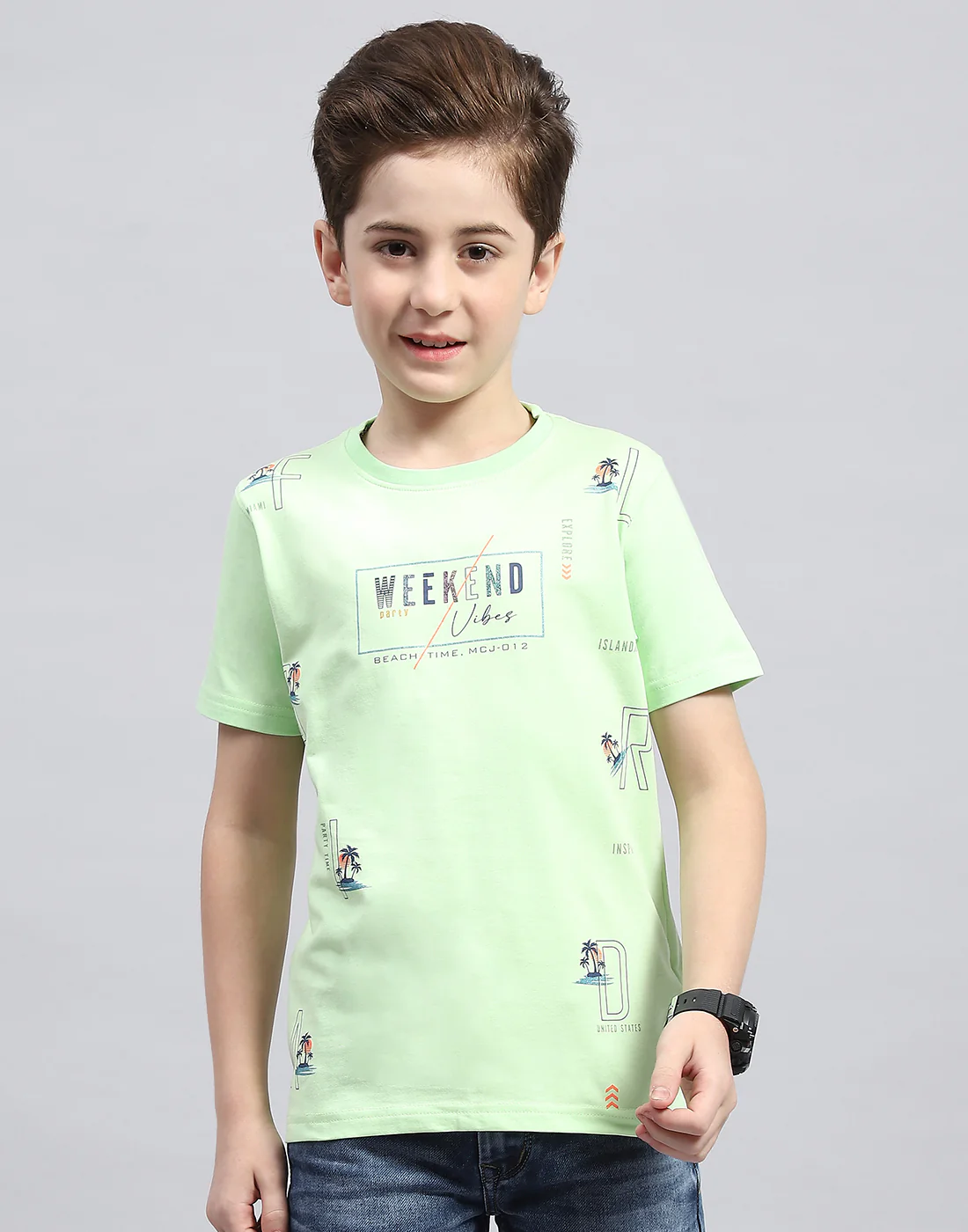 Boys Green Printed Round Neck Half Sleeve T-Shirt - Image 2