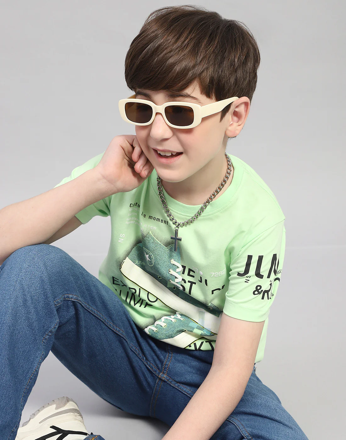 Boys Green Printed Round Neck Half Sleeve T-Shirt - Image 6