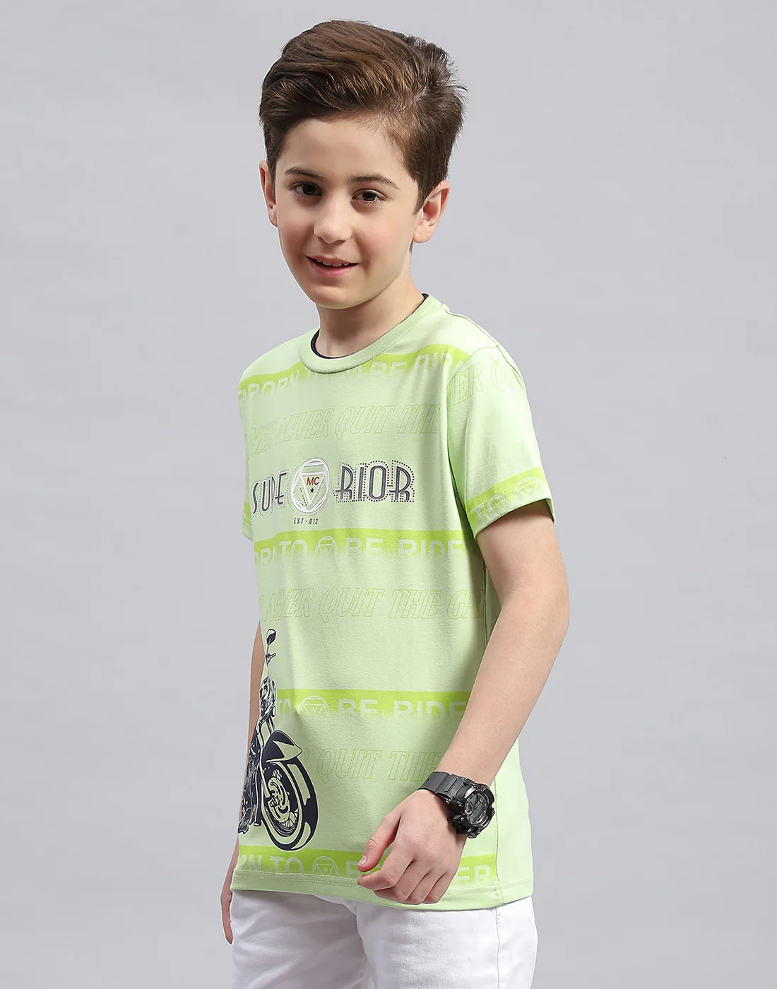 Boys Green Printed Round Neck Half Sleeve T-Shirt - Image 3
