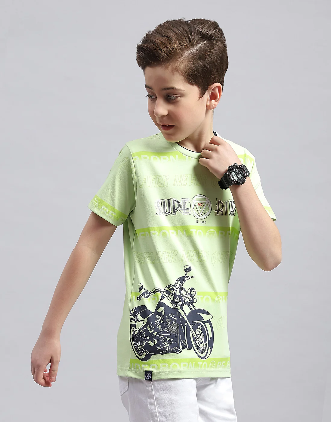 Boys Green Printed Round Neck Half Sleeve T-Shirt - Image 4
