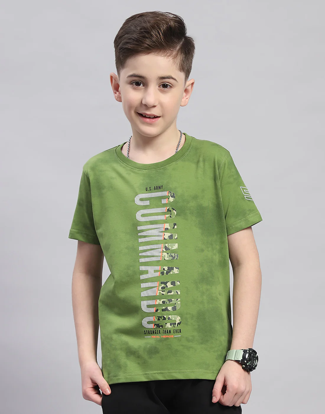 Boys Green Printed Round Neck Half Sleeve T-Shirt - Image 2