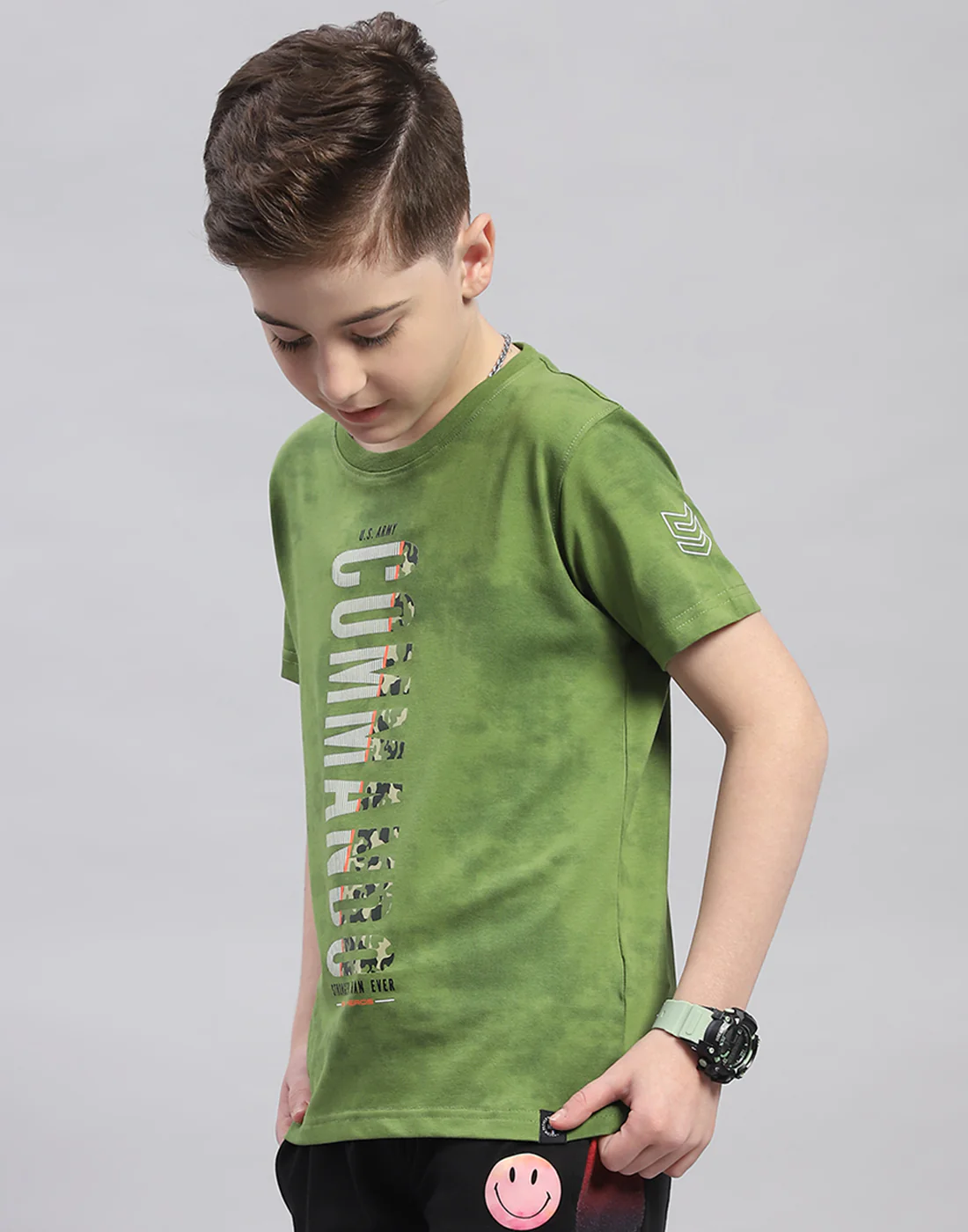 Boys Green Printed Round Neck Half Sleeve T-Shirt - Image 3