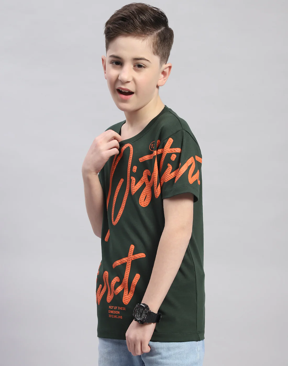 Boys Green Printed Round Neck Half Sleeve T-Shirt - Image 3