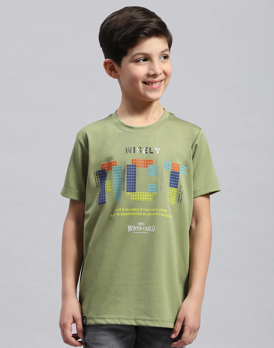 Boys Green Printed Round Neck Half Sleeve T-Shirt - Image 2