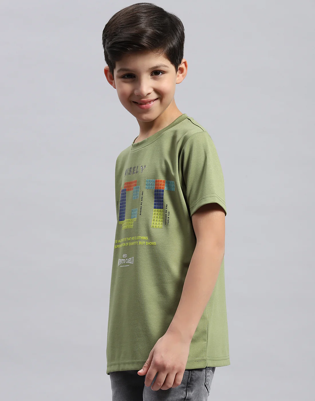 Boys Green Printed Round Neck Half Sleeve T-Shirt - Image 3