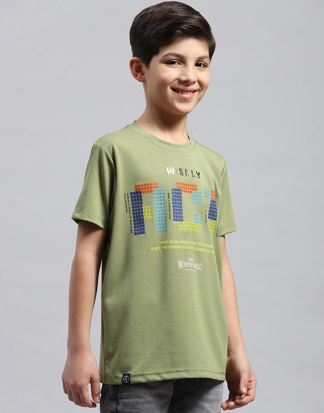Boys Green Printed Round Neck Half Sleeve T-Shirt - Image 4
