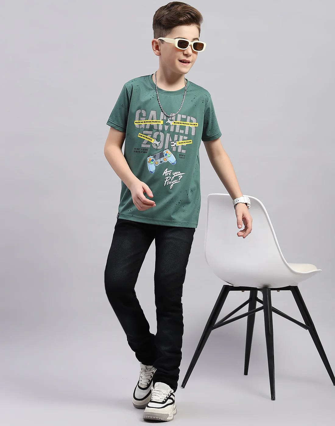 Boys Green Printed Round Neck Half Sleeve T-Shirt - Image 2