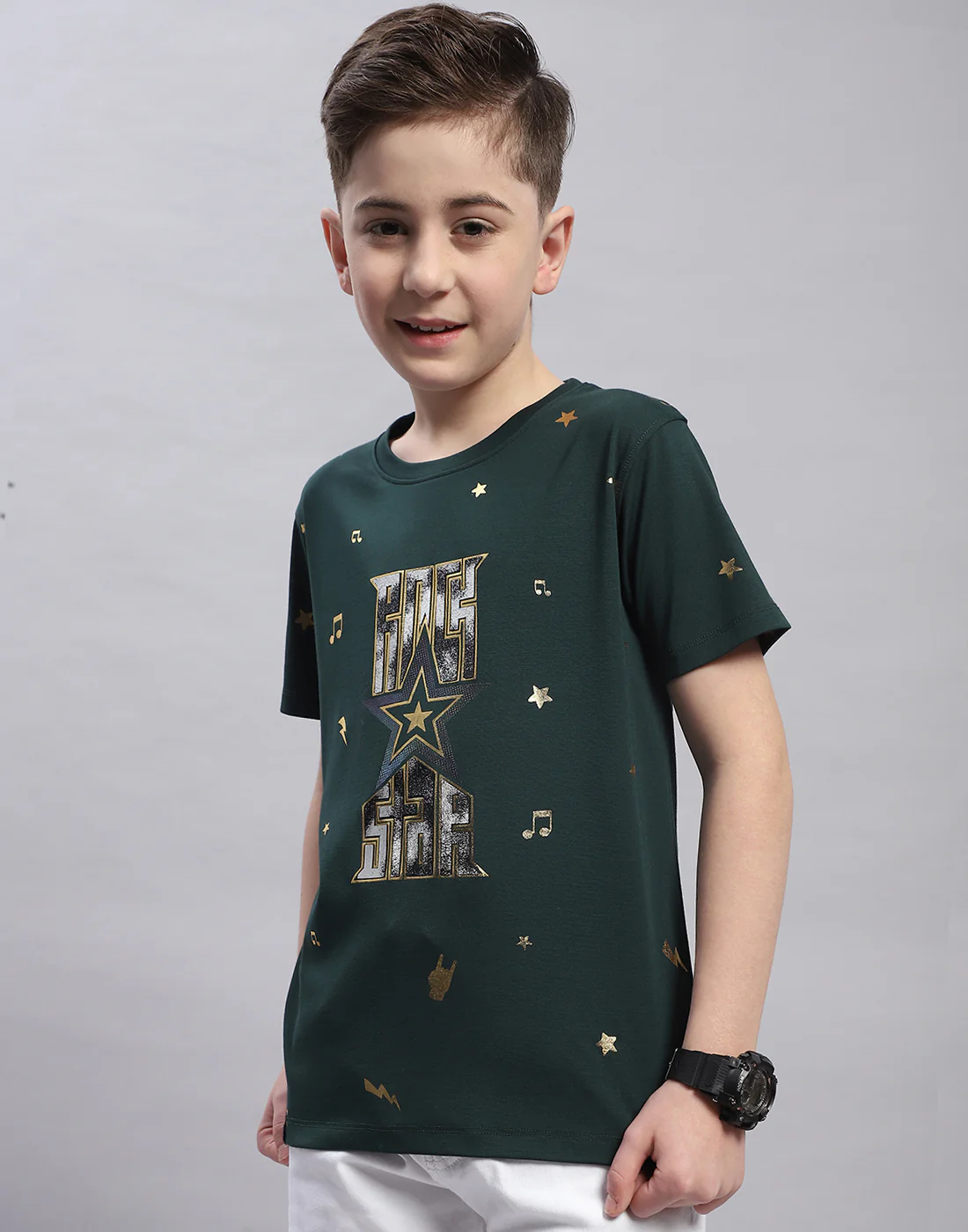 Boys Green Printed Round Neck Half Sleeve T-Shirt - Image 3
