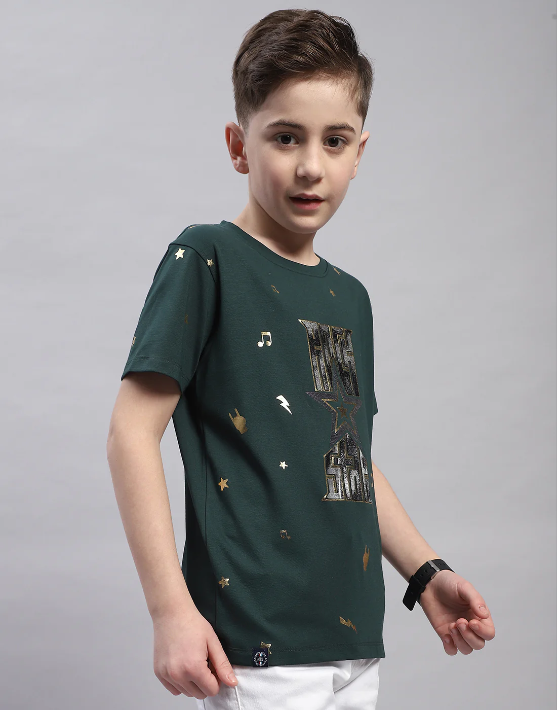 Boys Green Printed Round Neck Half Sleeve T-Shirt - Image 4