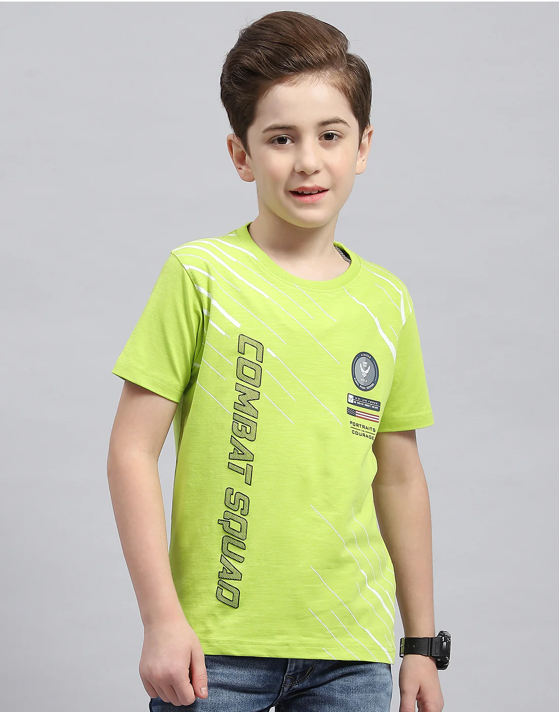 Boys Green Printed Round Neck Half Sleeve T-Shirt - Image 2