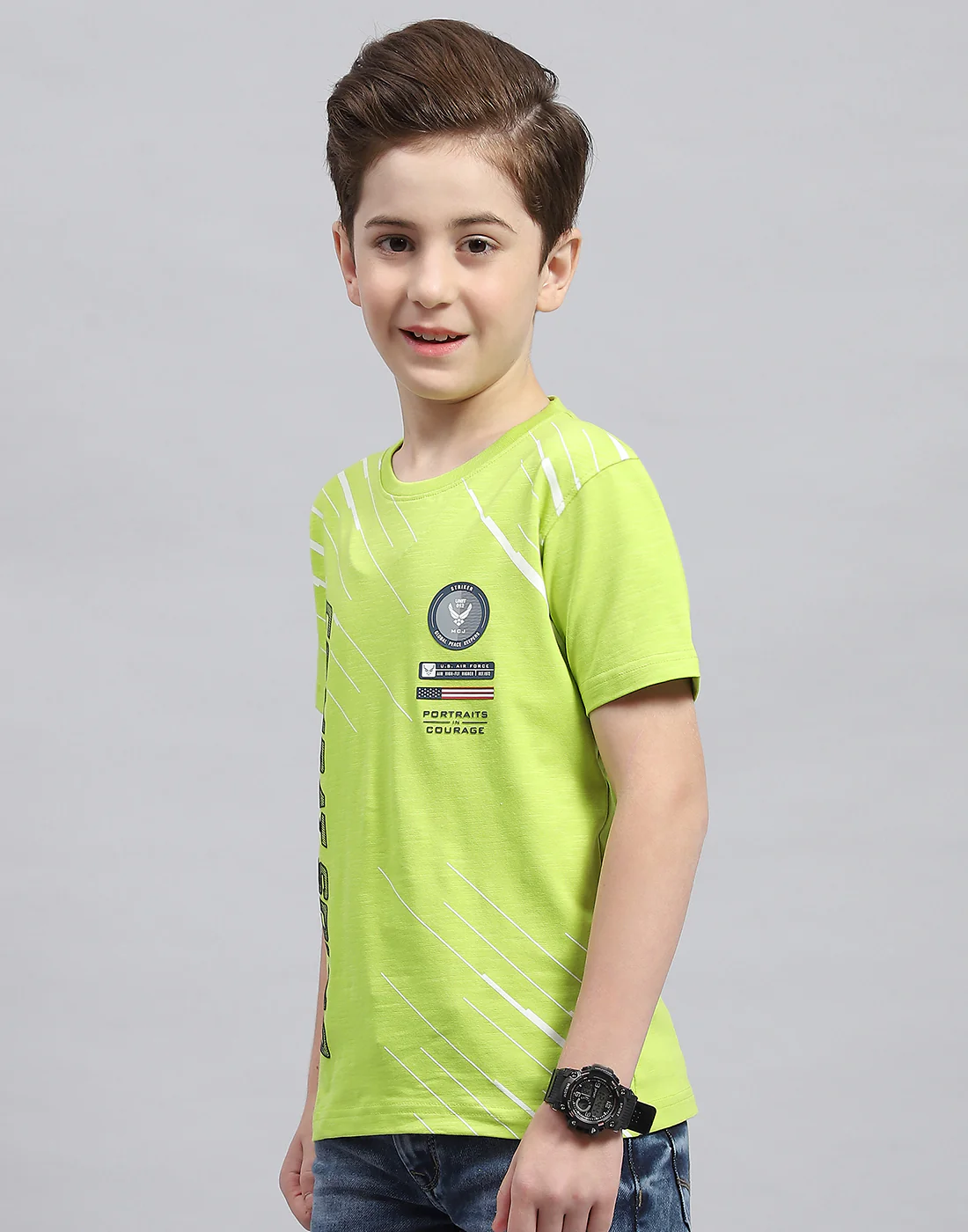 Boys Green Printed Round Neck Half Sleeve T-Shirt - Image 3