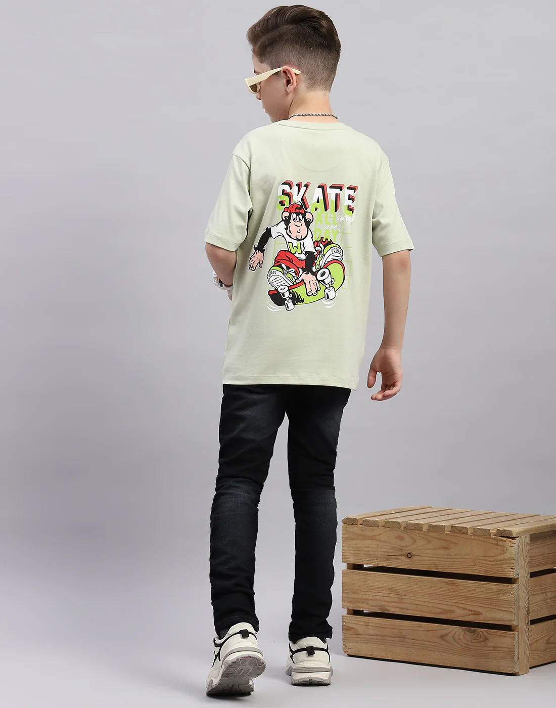 Boys Green Printed Round Neck Half Sleeve T-Shirt - Image 2