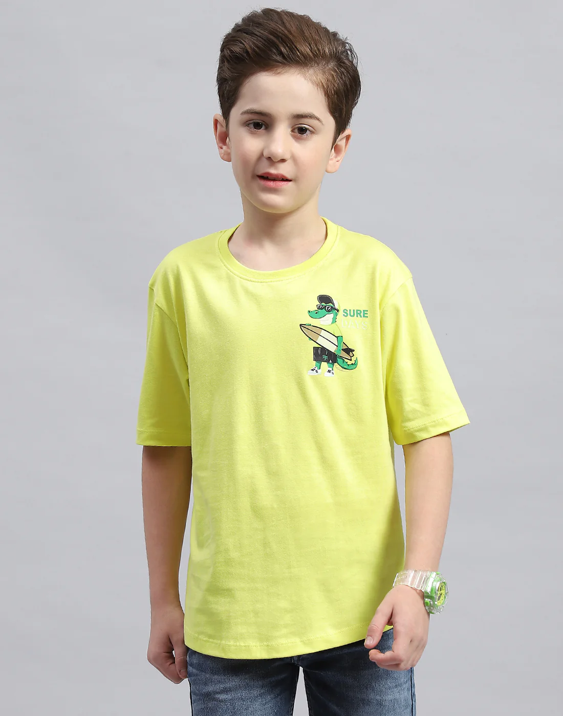 Boys Green Printed Round Neck Half Sleeve T-Shirt - Image 2