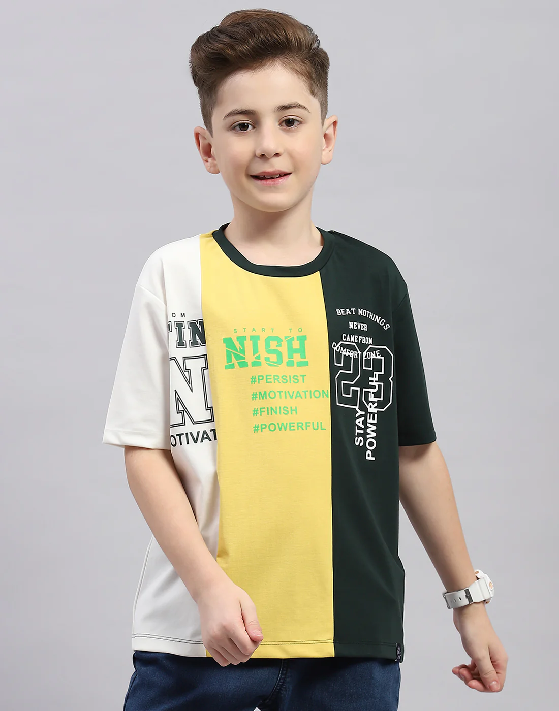 Boys Green Printed Round Neck Half Sleeve T-Shirt - Image 2
