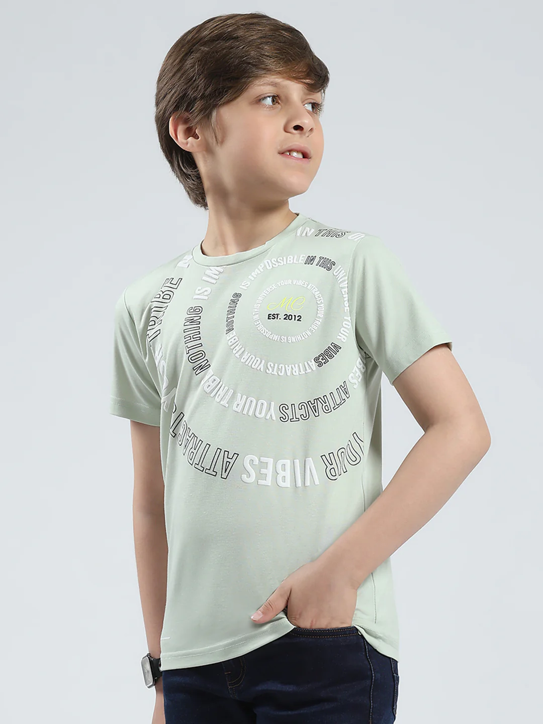 Boys Green Printed Round Neck Half Sleeve T-Shirt - Image 3