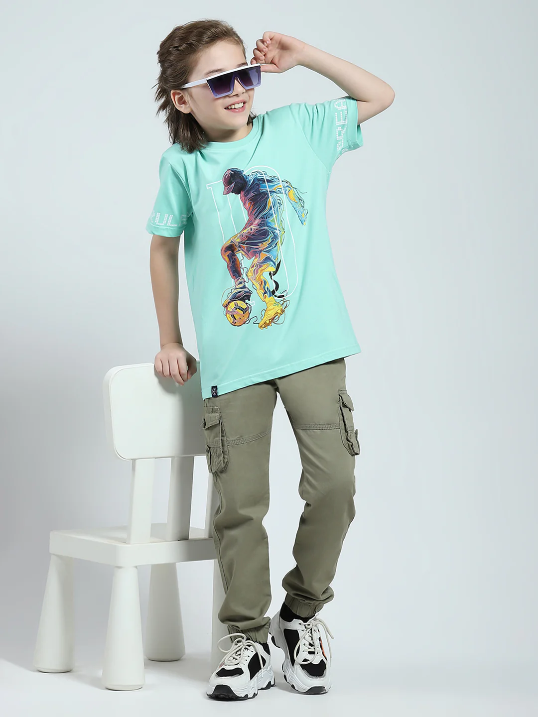 Boys Green Printed Round Neck Half Sleeve T-Shirt - Image 2