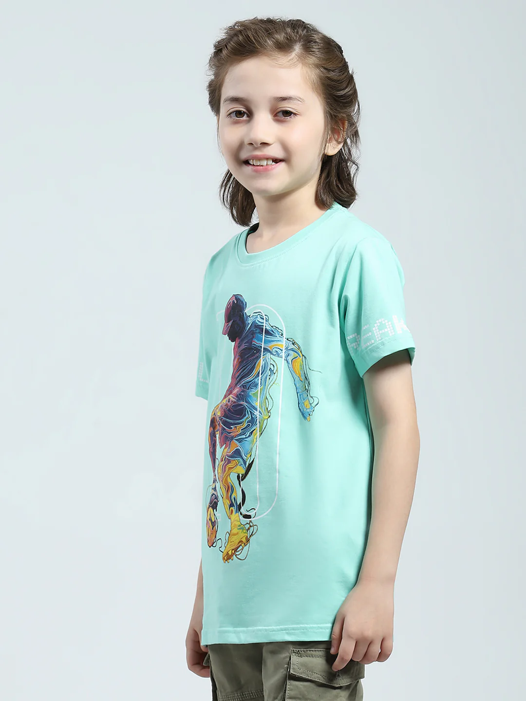 Boys Green Printed Round Neck Half Sleeve T-Shirt - Image 3
