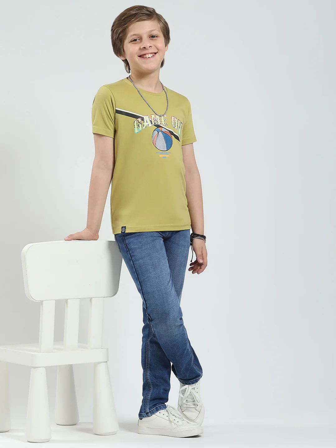 Boys Green Printed Round Neck Half Sleeve T-Shirt - Image 2