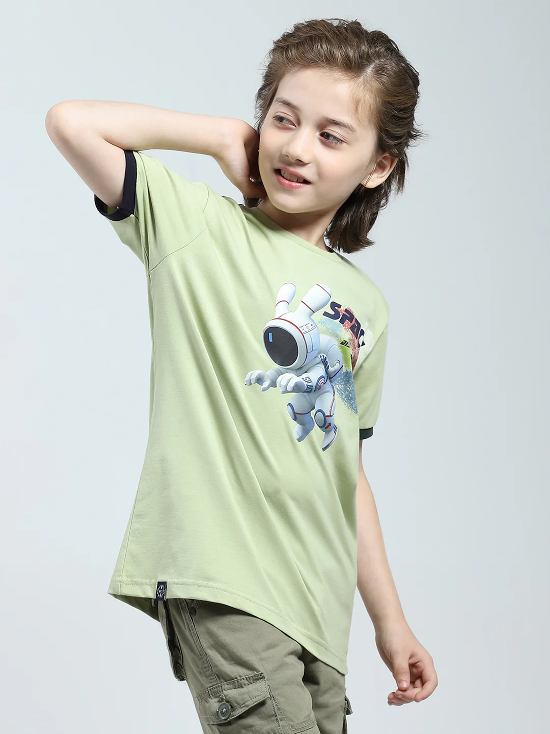 Boys Green Printed Round Neck Half Sleeve T-Shirt - Image 4