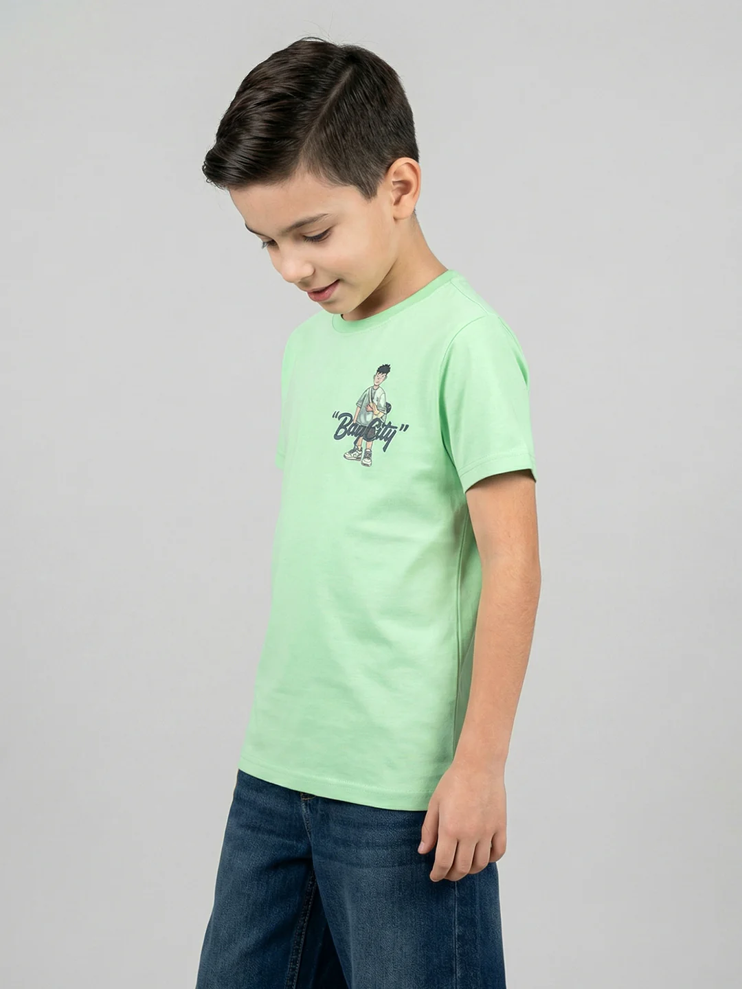 Boys Green Printed Round Neck Half Sleeve T-Shirt - Image 2