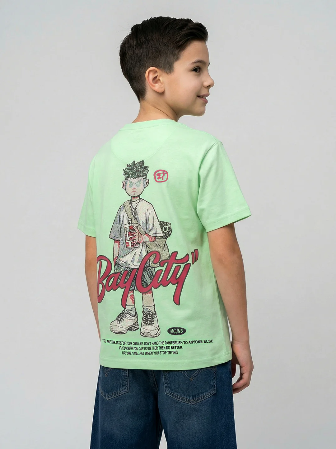 Boys Green Printed Round Neck Half Sleeve T-Shirt - Image 3