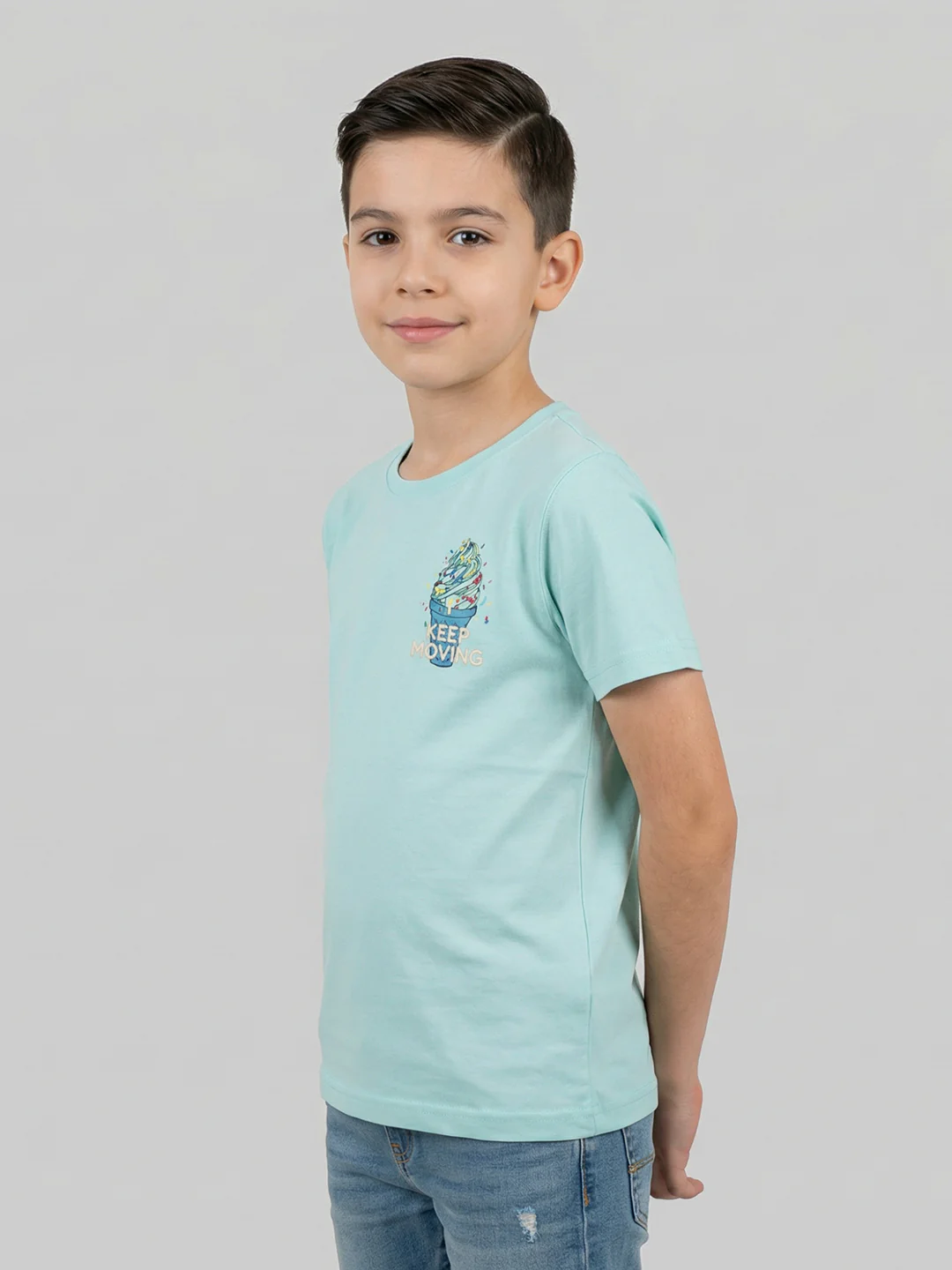 Boys Green Printed Round Neck Half Sleeve T-Shirt - Image 3