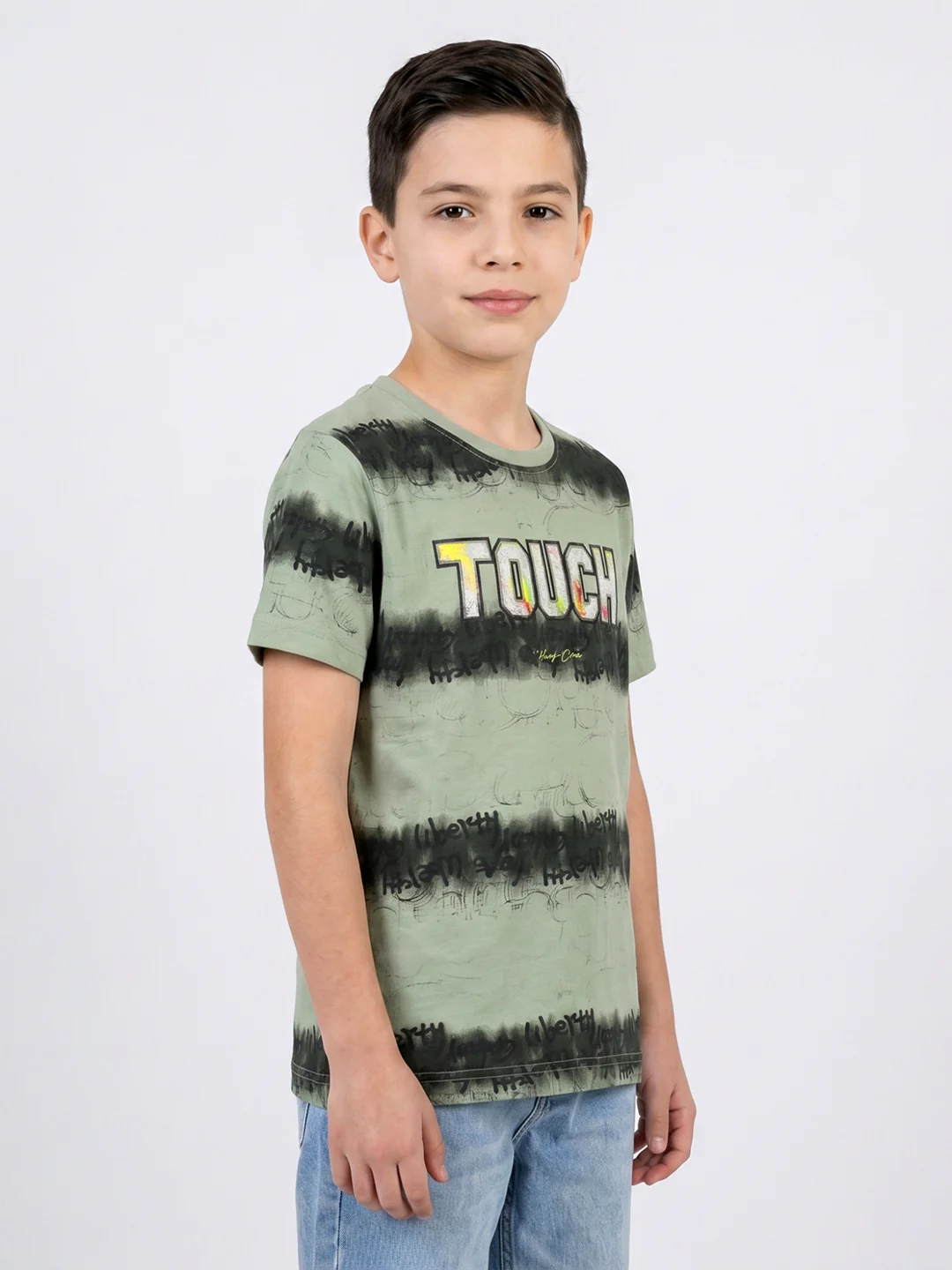 Boys Green Printed Round Neck Half Sleeve T-Shirt - Image 3