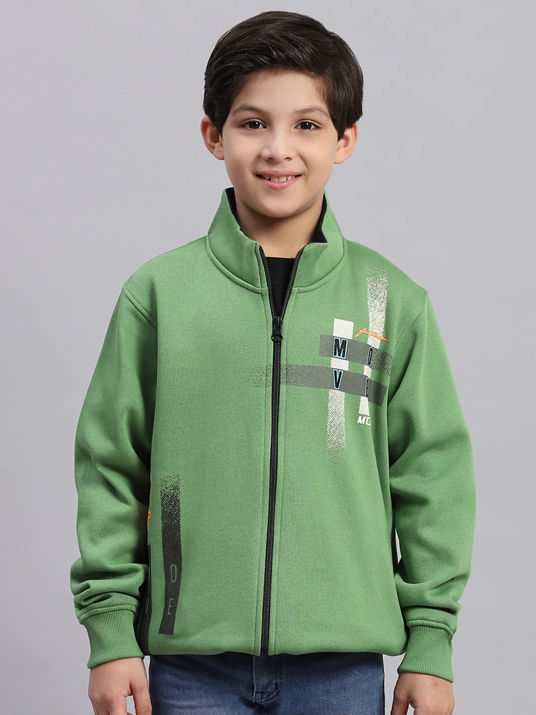 Boys Green Printed Stand Collar Full Sleeve Sweatshirt - Image 2