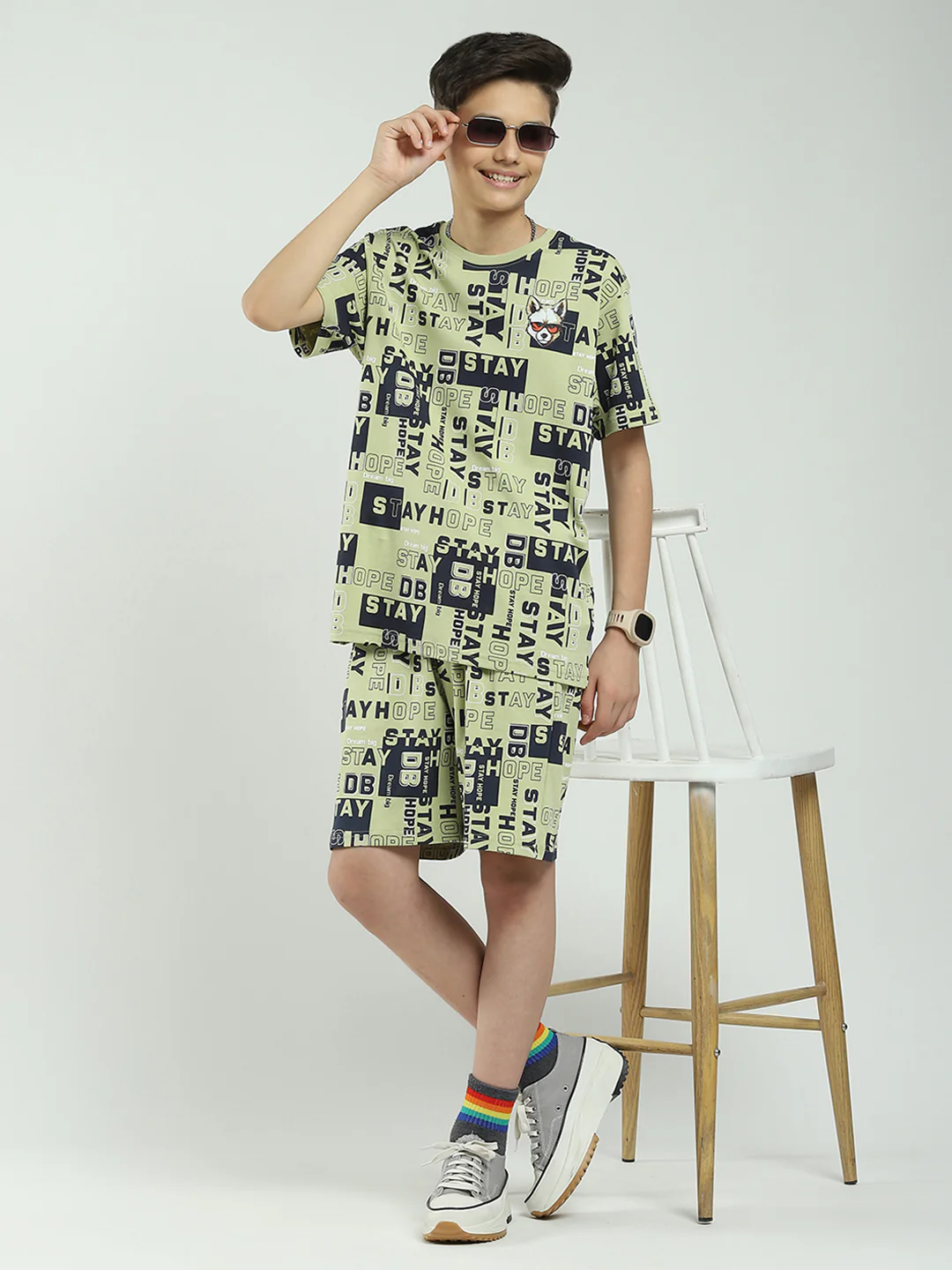 Boys Green Printed Round Neck Half Sleeve Bermuda Set - Image 2