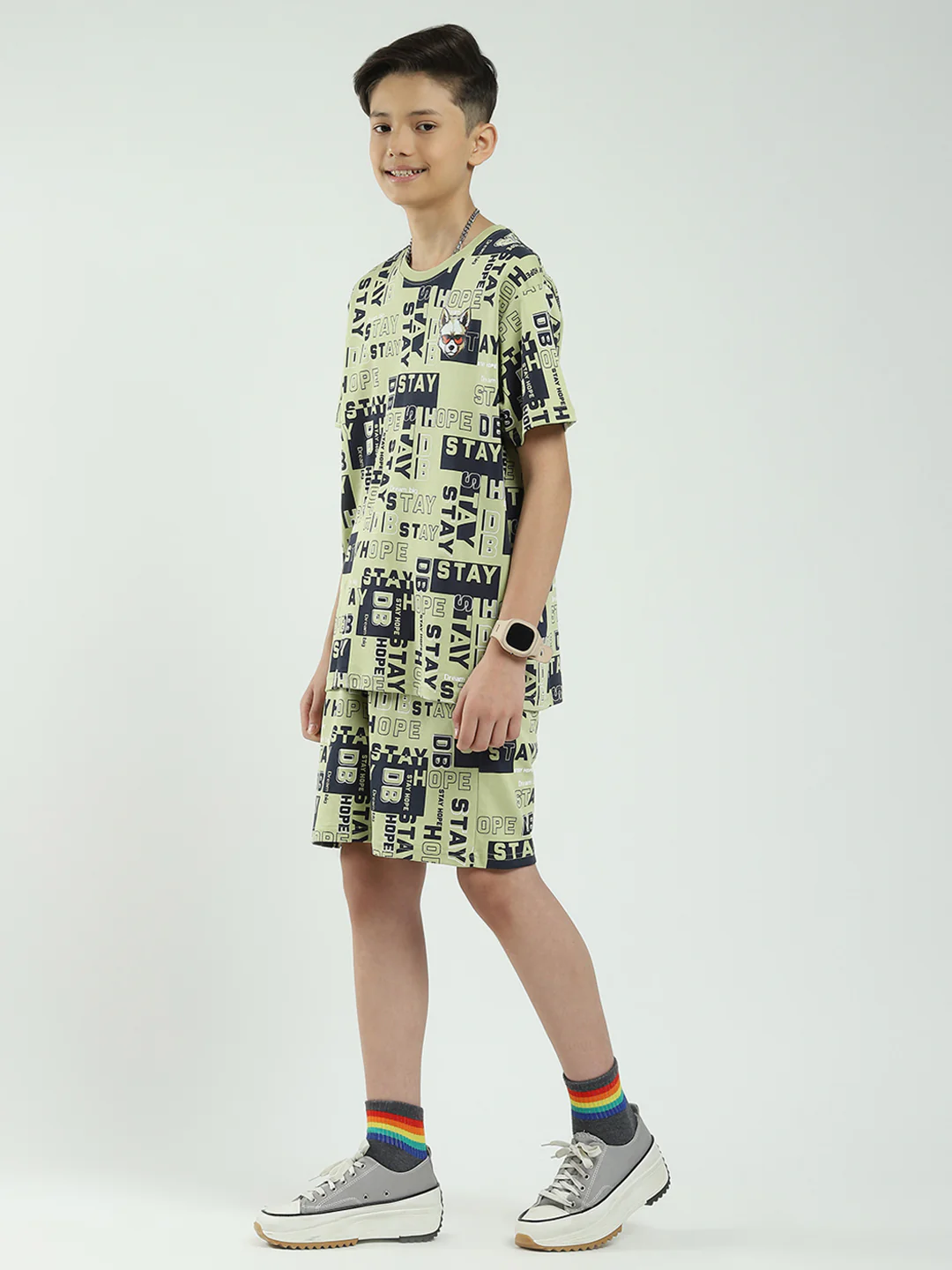 Boys Green Printed Round Neck Half Sleeve Bermuda Set - Image 3
