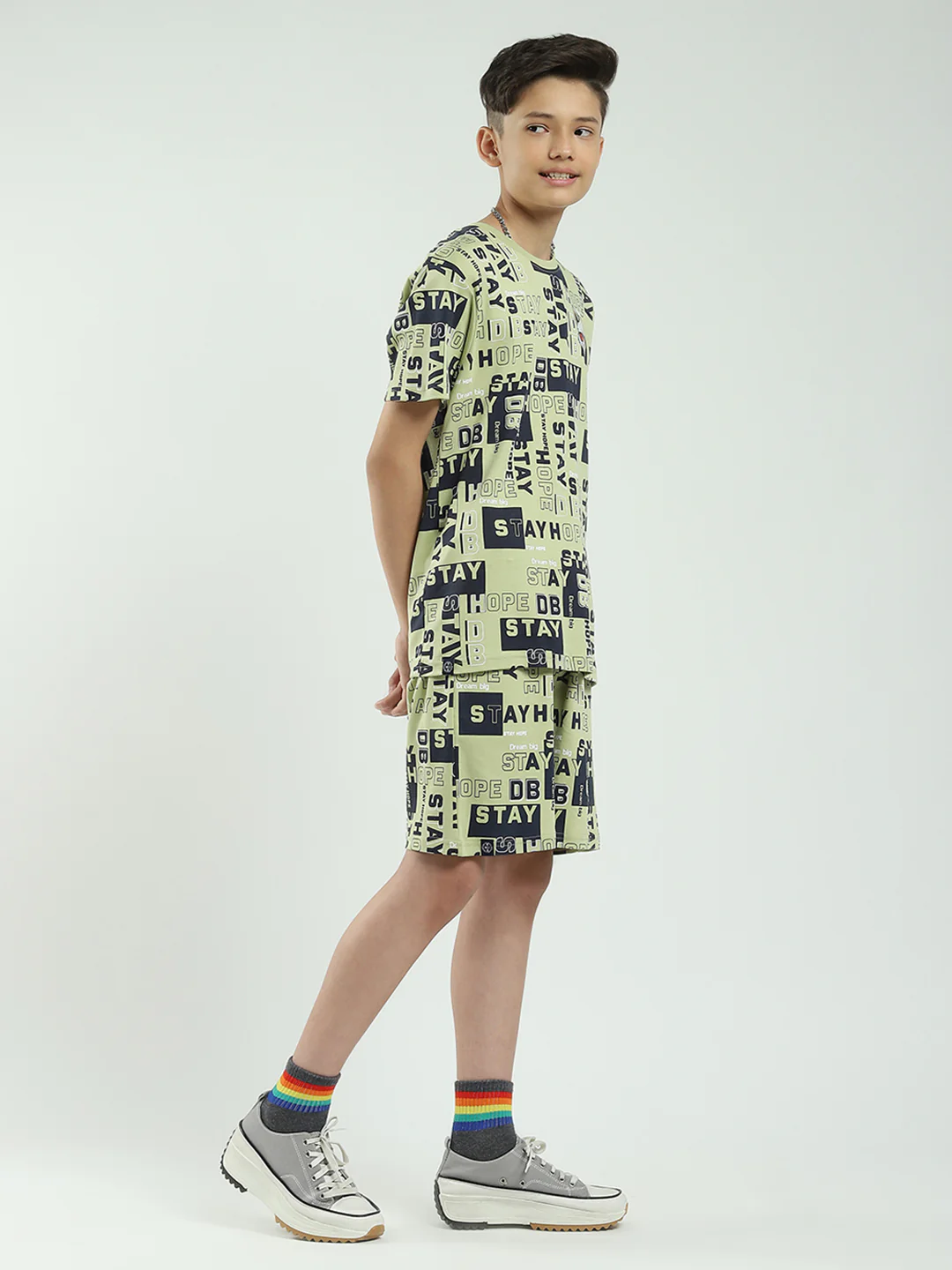 Boys Green Printed Round Neck Half Sleeve Bermuda Set - Image 4