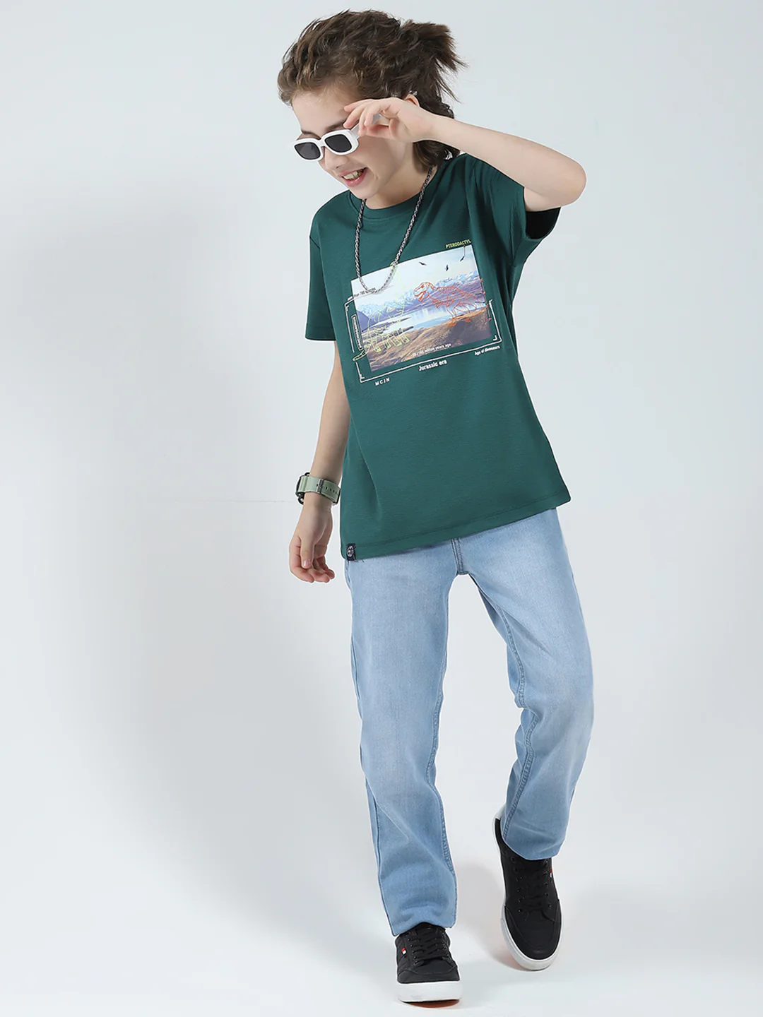 Boys Green Printed Round Neck Half Sleeve T-Shirt - Image 2