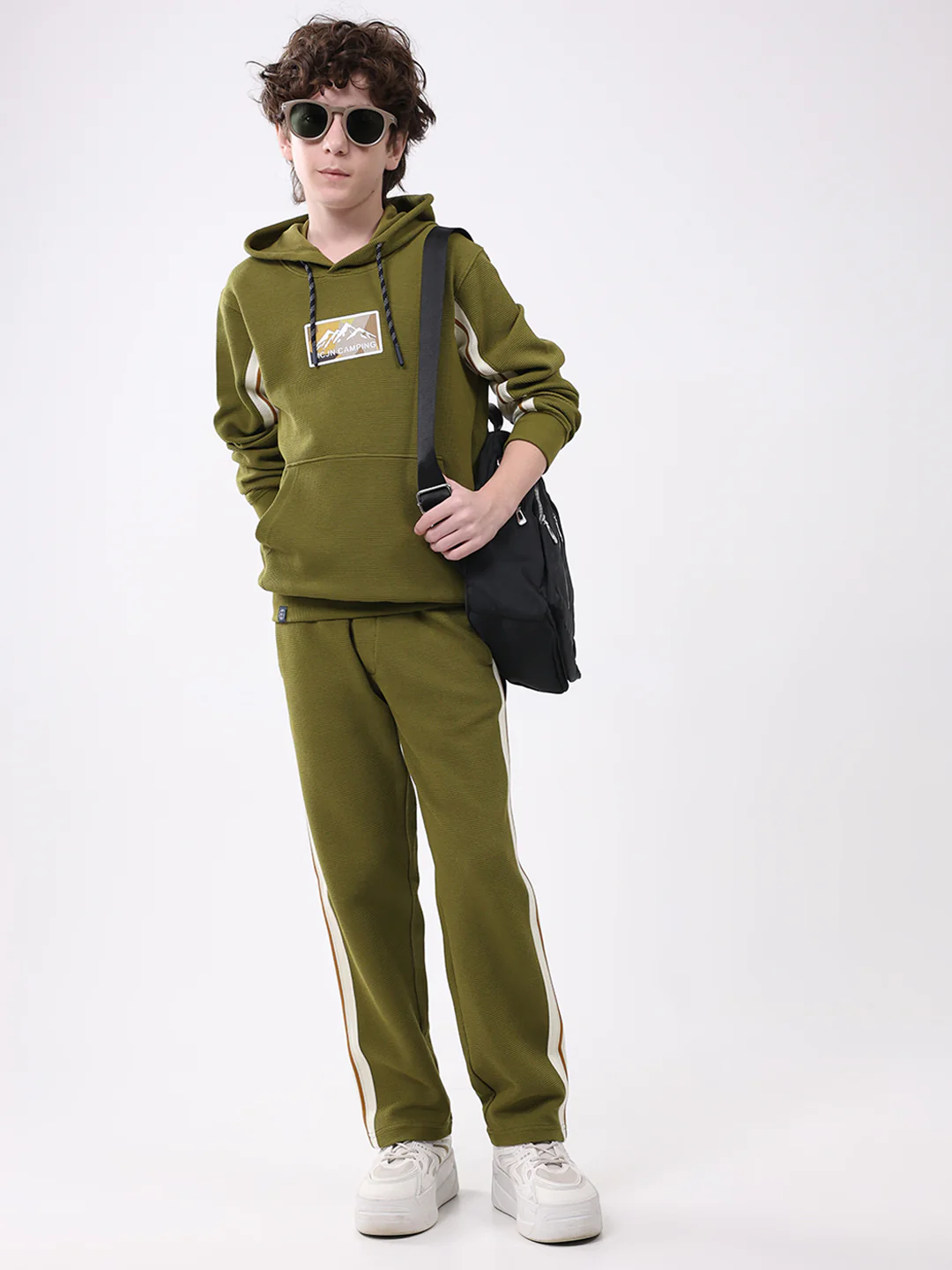 Boys Green Self Design Hooded Full Sleeve Cords Set - Image 2