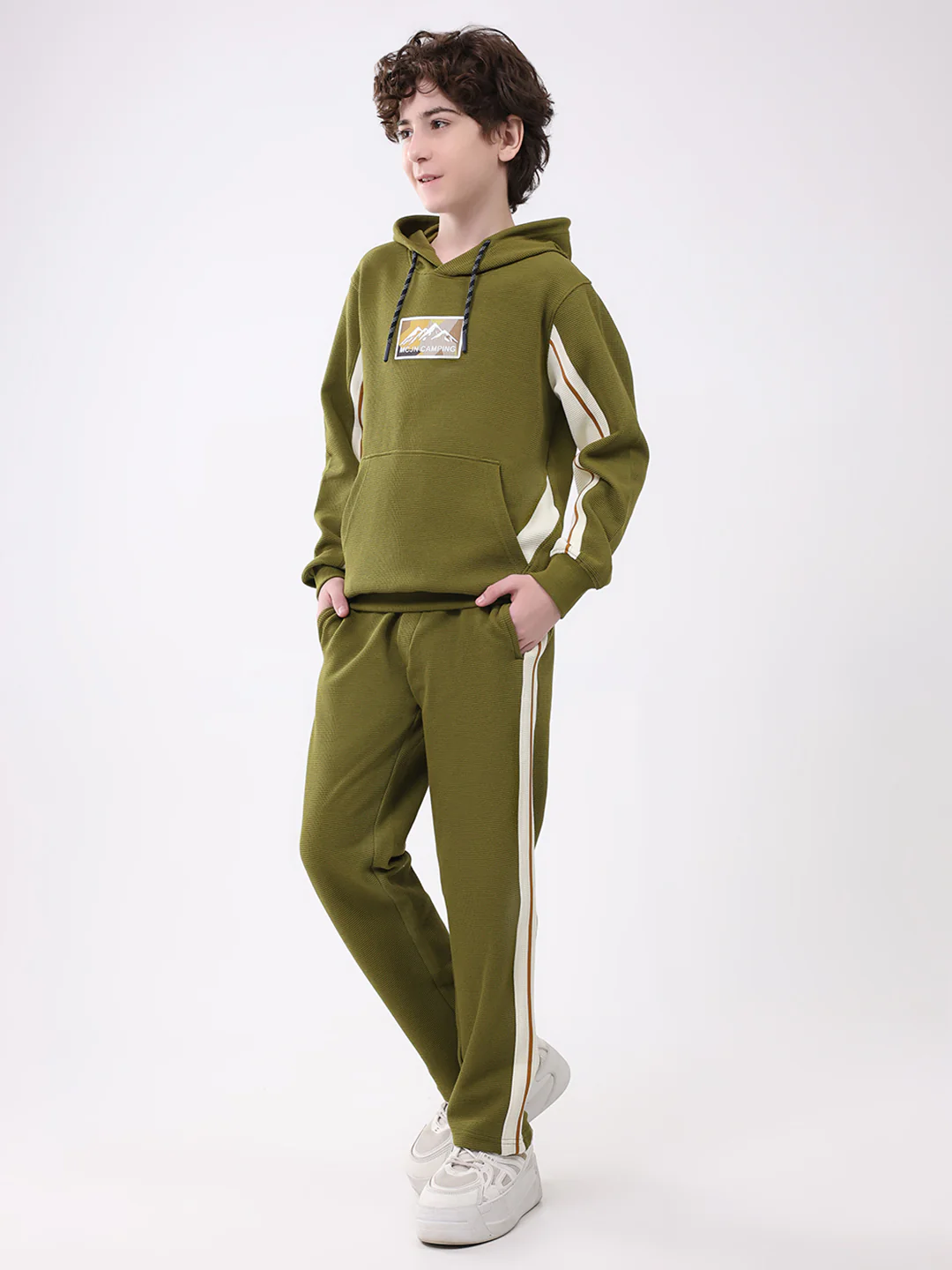 Boys Green Self Design Hooded Full Sleeve Cords Set - Image 3