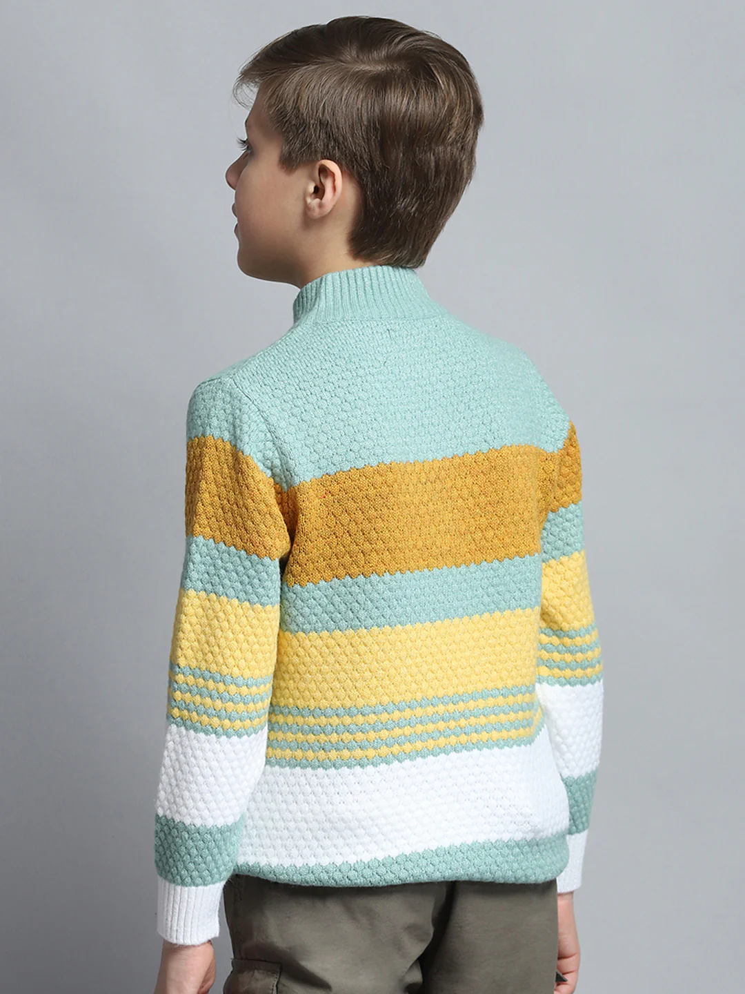 Boys Green Self Design Mock Neck Full Sleeve Pullover - Image 5