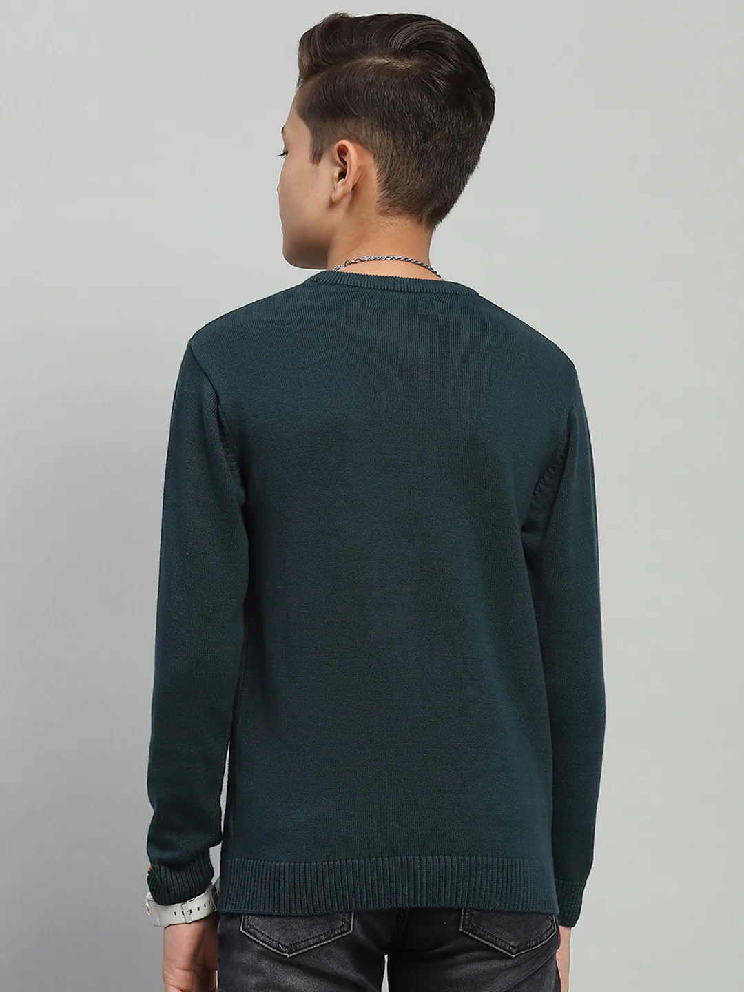 Boys Green Self Design Round Neck Full Sleeve Pullover - Image 5