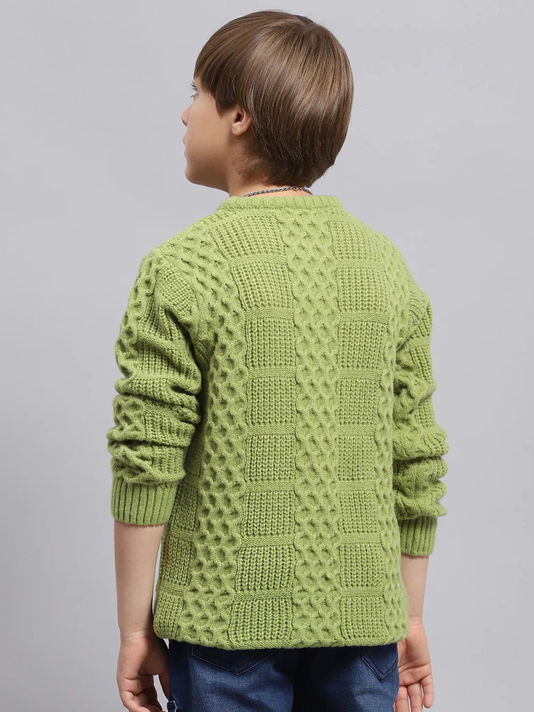 Boys Green Self Design Round Neck Full Sleeve Pullover - Image 5