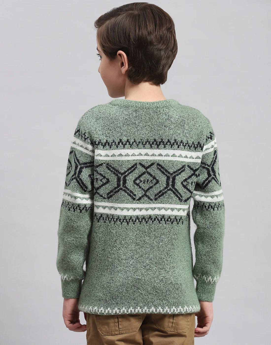 Boys Green Self Design Round Neck Full Sleeve Sweater - Image 5