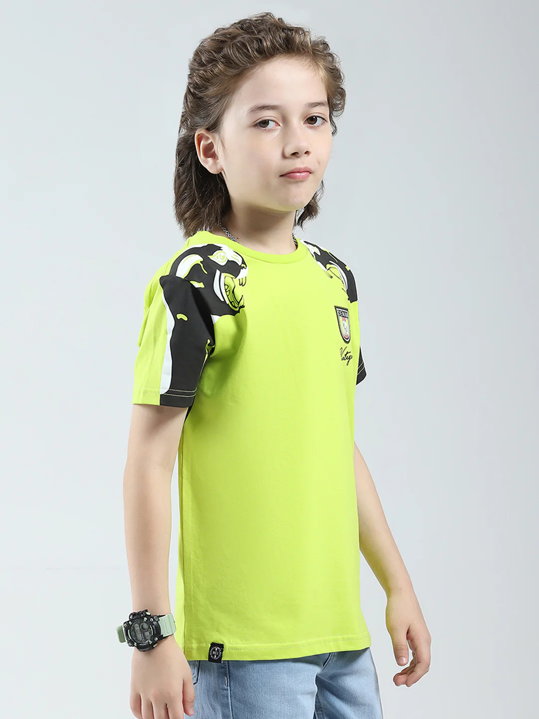 Boys Green Self Design Round Neck Half Sleeve T-Shirt - Image 4