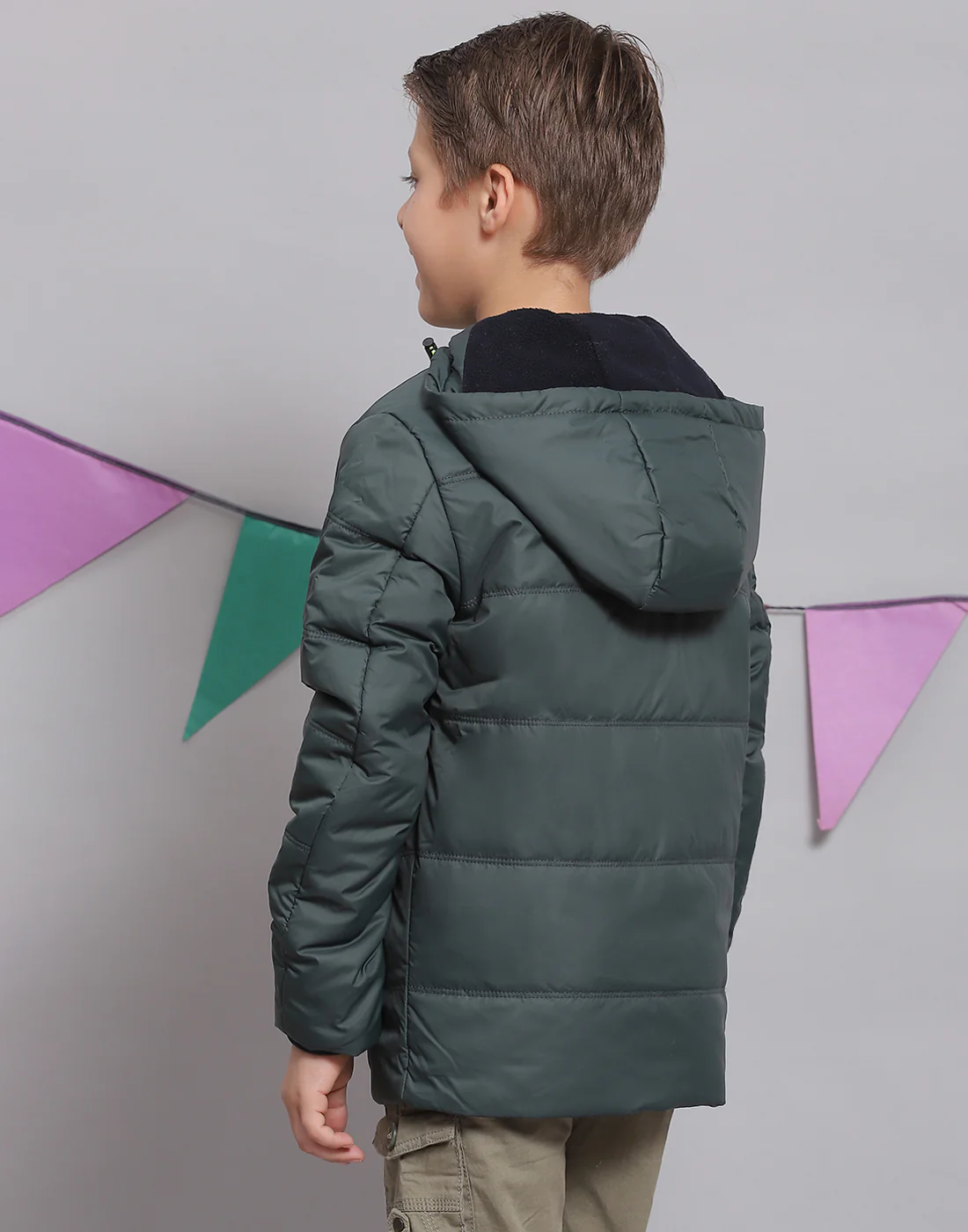 Boys Green Solid Hooded Full Sleeve Boys Jacket - Image 5