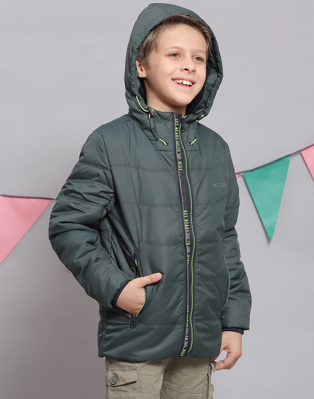 Boys Green Solid Hooded Full Sleeve Boys Jacket - Image 6