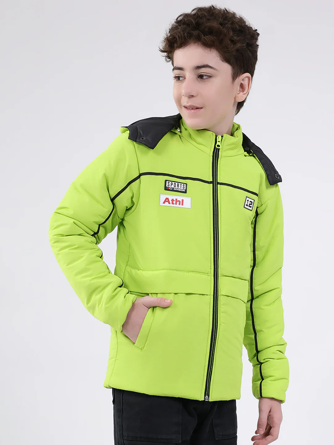 Boys Green Solid Hooded Full Sleeve Jacket - Image 4