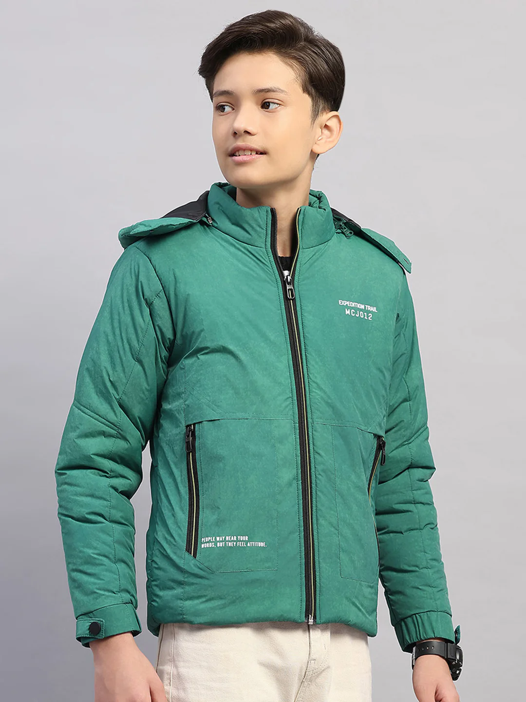 Boys Green Solid Hooded Full Sleeve Jacket - Image 4