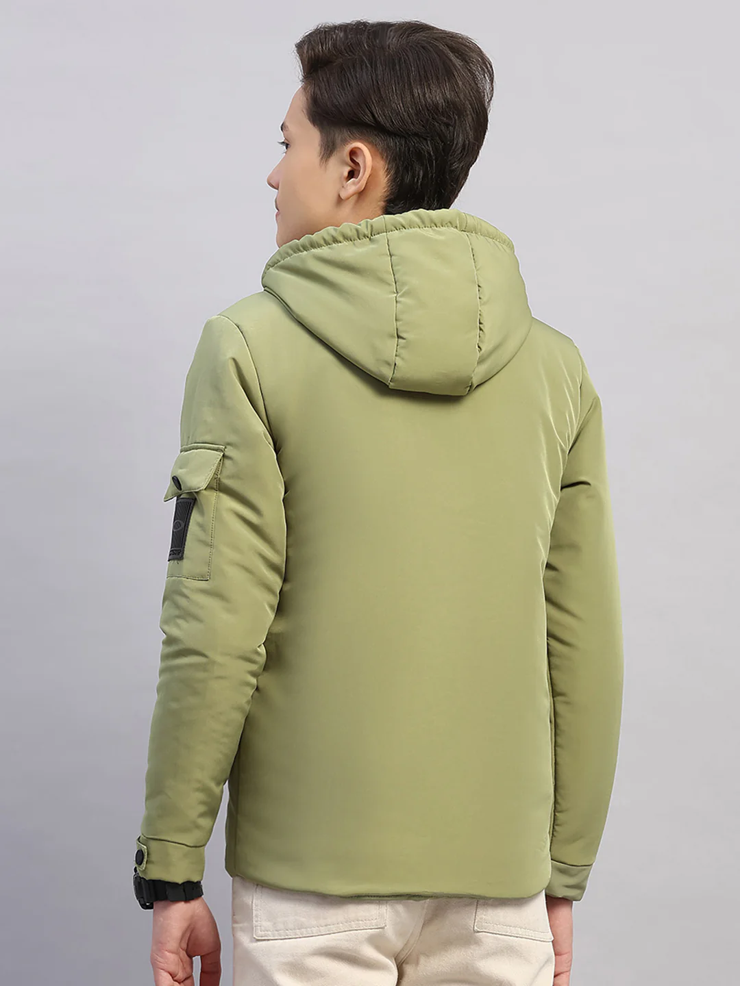 Boys Green Solid Hooded Full Sleeve Jacket - Image 5