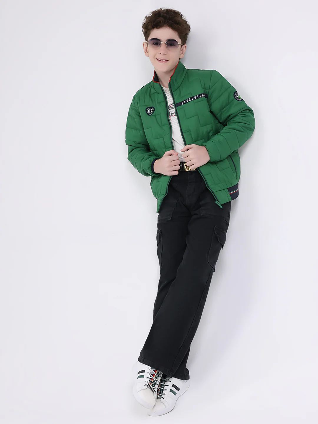 Boys Green Solid Mock Neck Full Sleeve Jacket - Image 2