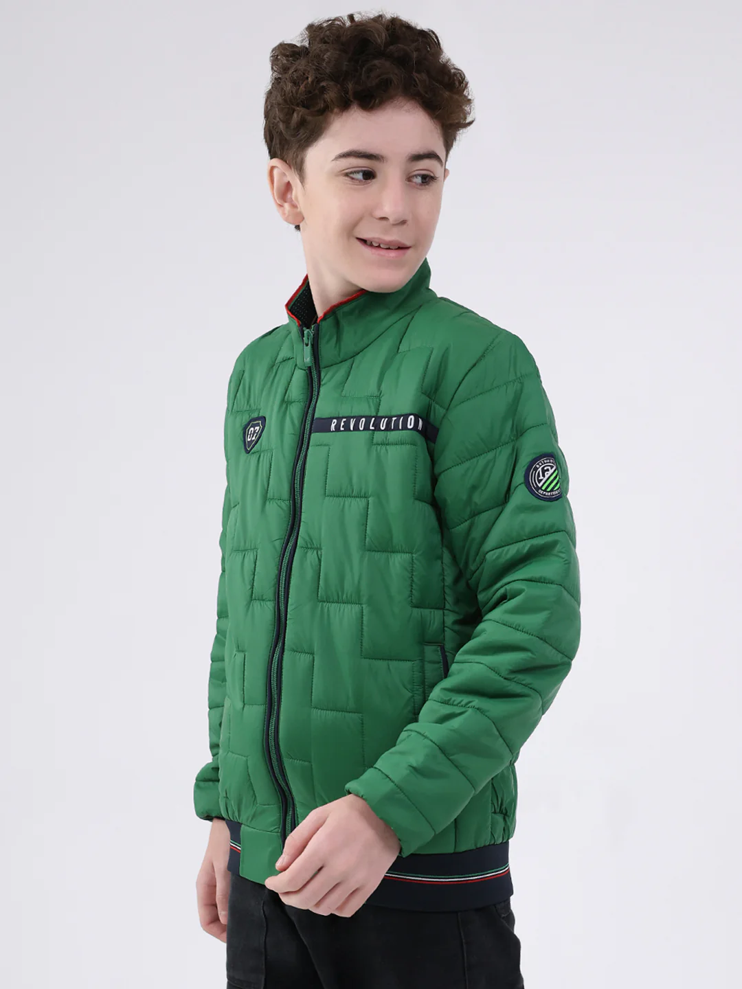 Boys Green Solid Mock Neck Full Sleeve Jacket - Image 3