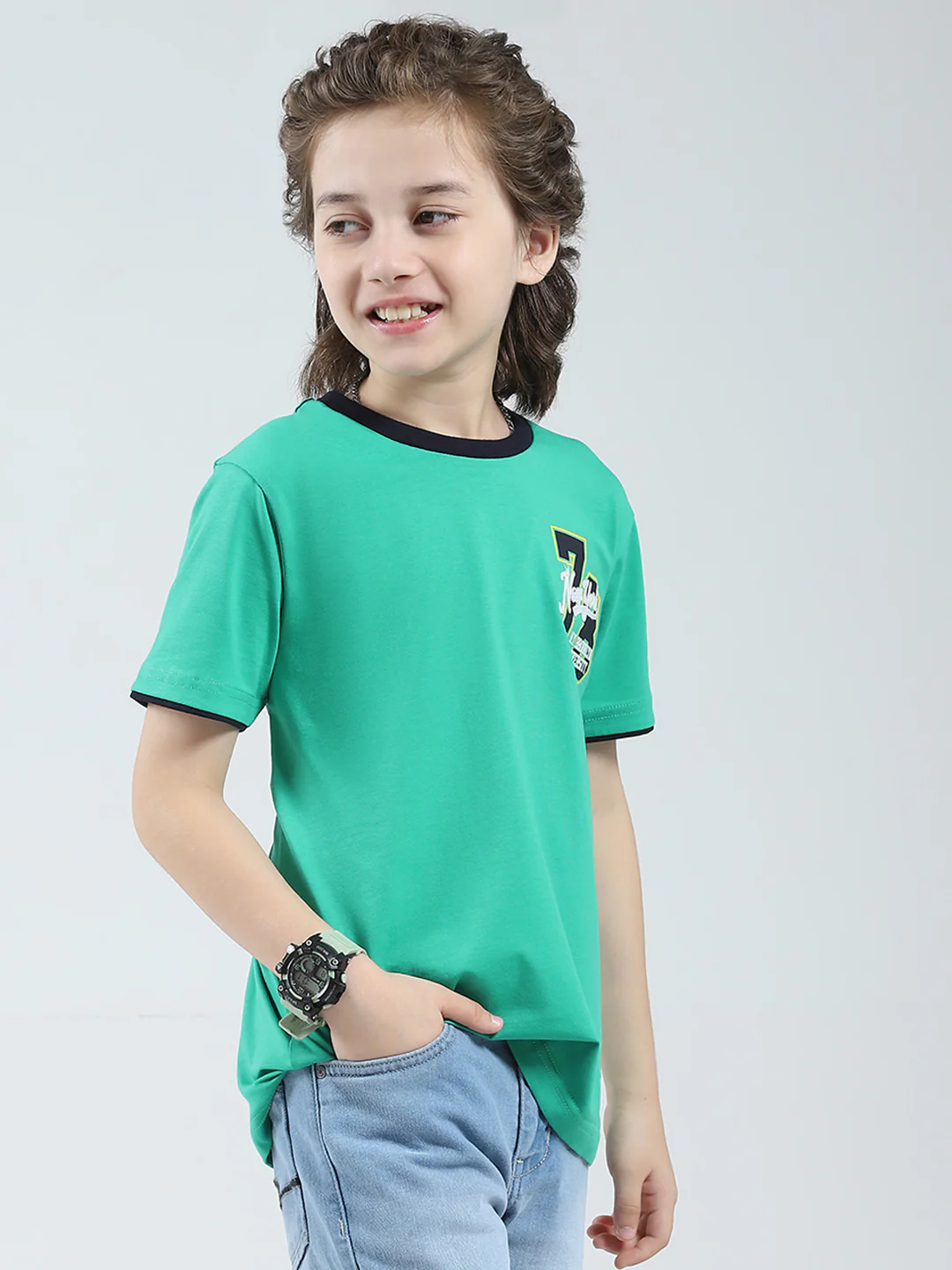 Boys Green Solid Round Neck Half Sleeve T-Shirt - Image 4
